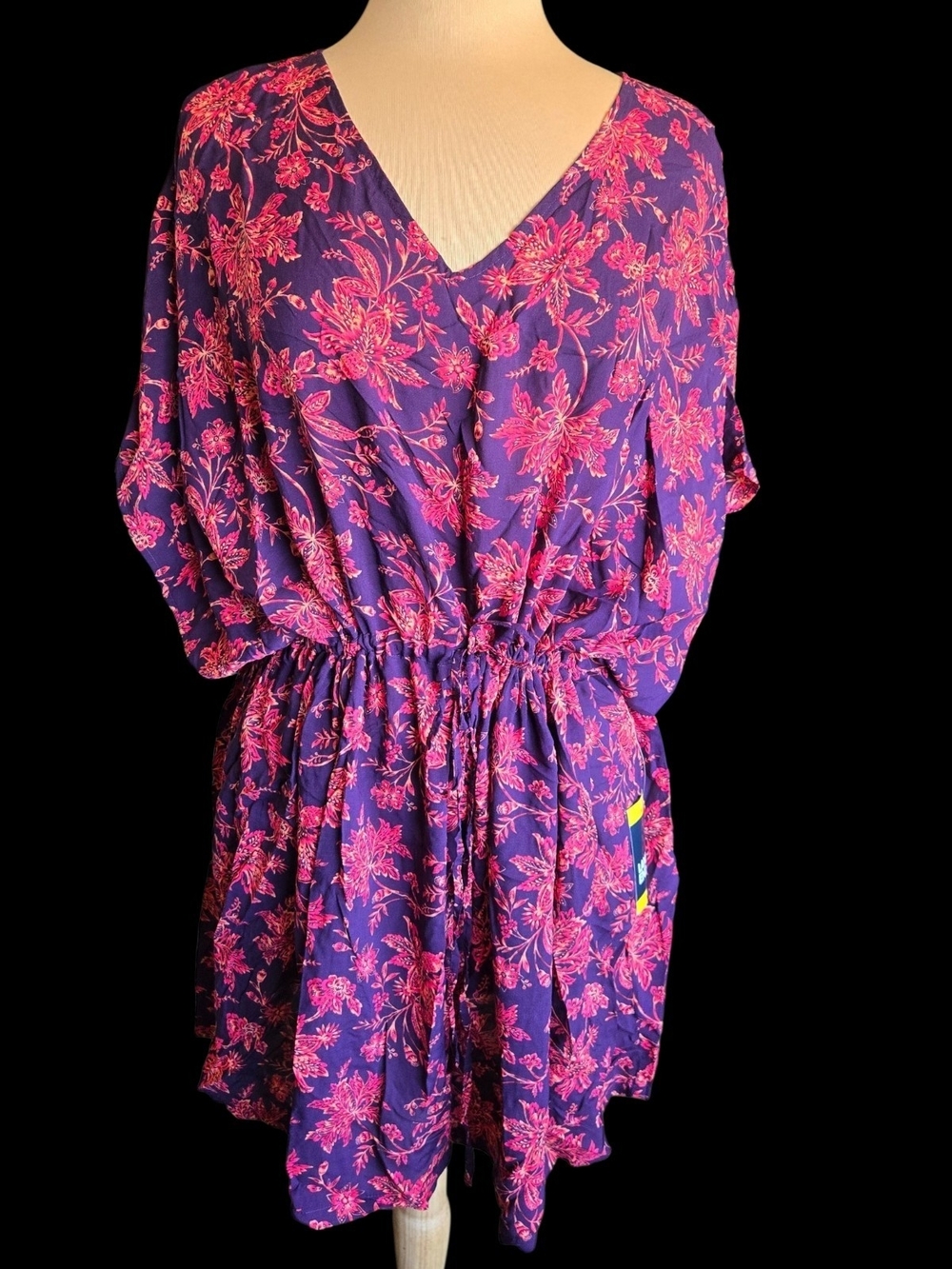 Lands End NWTs Vivid Purple Floral V-Neck Drawstring Tunic/Cover Up Sz M/L
